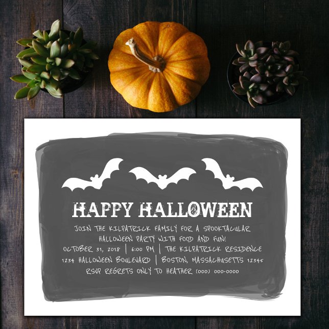 Invitación Black White Watercolor Bats Halloween Party (Black and White Watercolor Bats Halloween Party Invite)