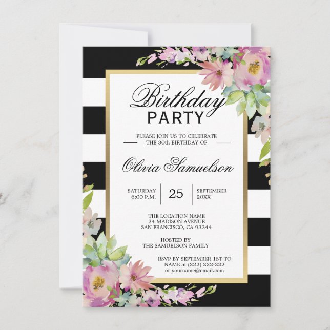 Invitación Black White Watercolor Pink Floral Birday Party (Anverso)