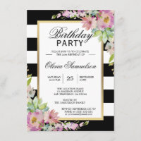 Black White Watercolor Pink Floral Birday Party