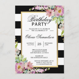 Invitación Black White Watercolor Pink Floral Birday Party
