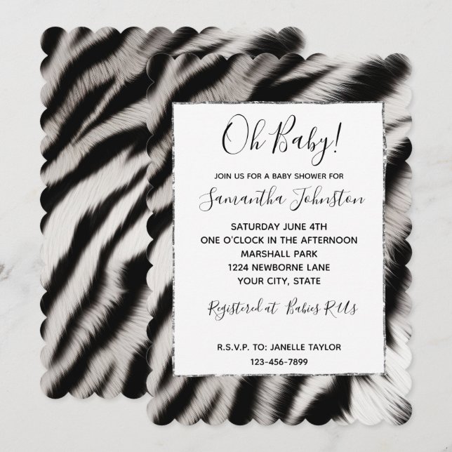 Invitación Black White Zebra Animal (Anverso / Reverso)