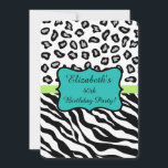 Invitación Black White Zebra Leopard Skin 40th Birthday Fiest<br><div class="desc">Personalizar esta sofisticada invitación para un fiesta de 40 años u otro evento. El diseño combina rayas de cebra negras y blancas con pieles de leopardo (guepardo). Un emblema azul turquesa verde azulado delineado en negro se sienta en una barra verde lima y crea un área de personalización, con el...</div>