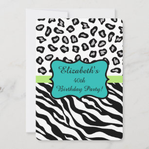 Invitación Black White Zebra Leopard Skin 40th Birthday Fiest