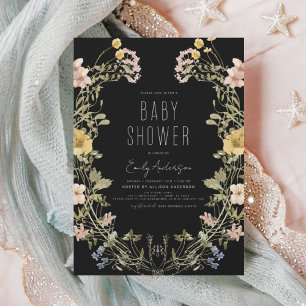 Invitación Black Wildflower Boho Baby Shower Elegant Modern