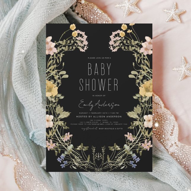 Invitación Black Wildflower Boho Baby Shower Elegant Modern (Subido por el creador)