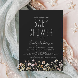 Invitación Black Wildflower Boho Baby Shower Elegant Modern