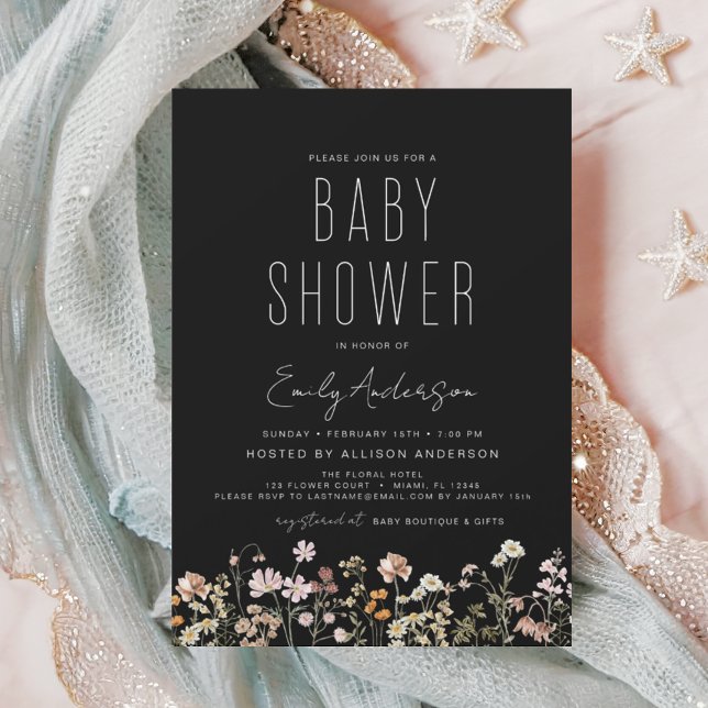 Invitación Black Wildflower Boho Baby Shower Elegant Modern (Subido por el creador)