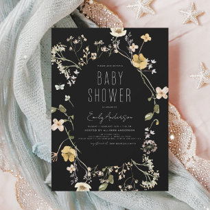 Invitación Black Wildflower Boho Baby Shower Elegant Modern