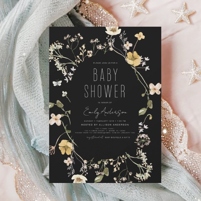 Invitación Black Wildflower Boho Baby Shower Elegant Modern (Subido por el creador)