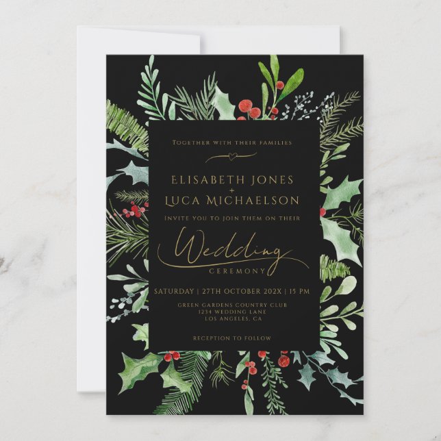 Invitación Black Winter Berry Leaf Botanical Monogram Wedding (Anverso)