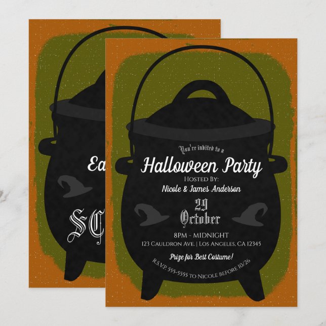 Invitación Black Witch Cauldron Naranja Green Halloween Party (Anverso / Reverso)