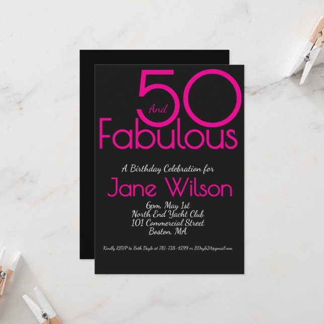 Invitación  Black with Pink Text 50 and Fabulous Birthday   (Anverso/Reverso In Situ)