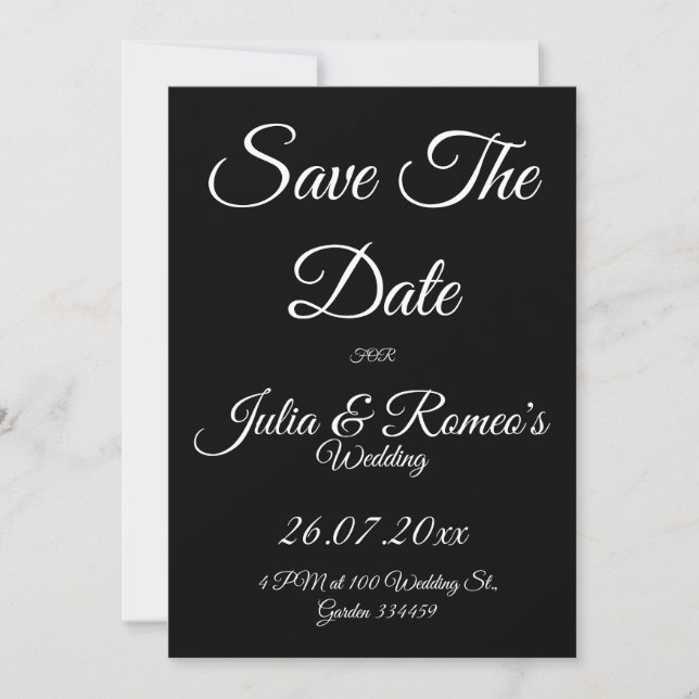 Invitación Black with White Script Save The Date Card  (Anverso)