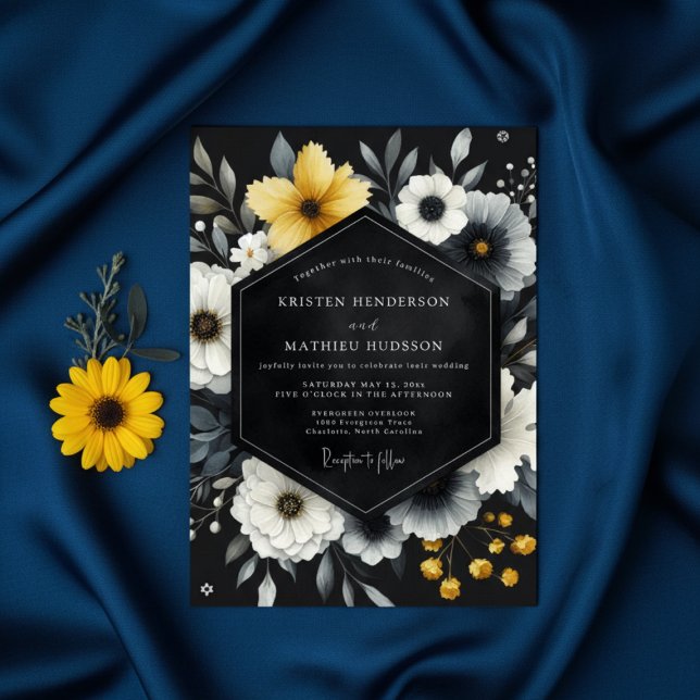 Invitación Black Yellow Botanical Romance Wedding (Subido por el creador)