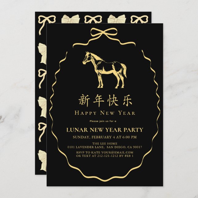 Invitación Black Yellow/Gold Bow Horse Chinese New Year Party (Anverso / Reverso)