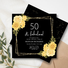 Invitación Black Yellow & Gold Floral 50 cumpleaños