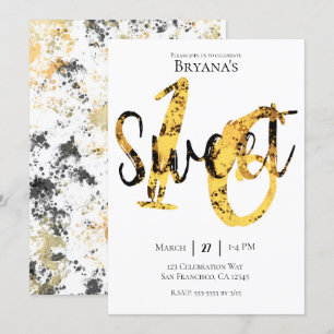 Invitación Black Yellow Gold Modern Sweet 16 Birthday Party