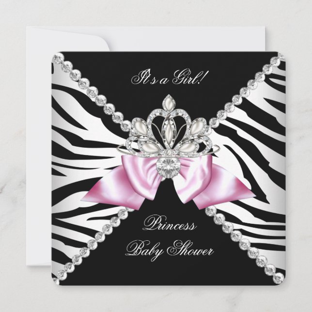 Invitación Black Zebra Rosa Bow Princess Baby Shower 3 (Anverso)