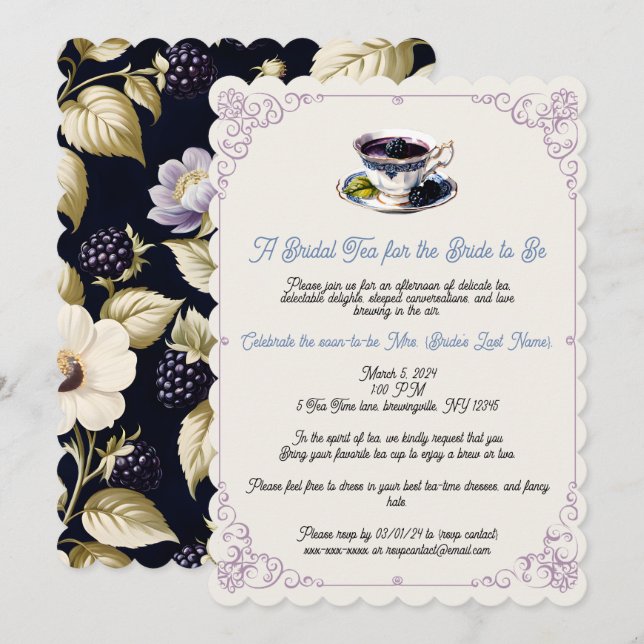 Invitación Blackberry Blooms Bridal Shower Tea Fiesta (Anverso / Reverso)