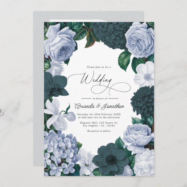 Invitación Blackened Teal, Mist Blue & Pearl White Wedding (Anverso / Reverso)