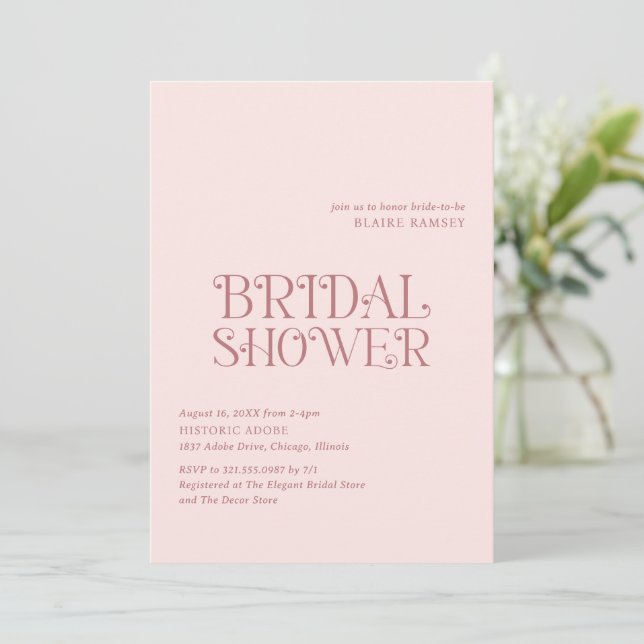 Invitación Blaire Rubor Pink Modern Bridal Shower (Anverso de pie)