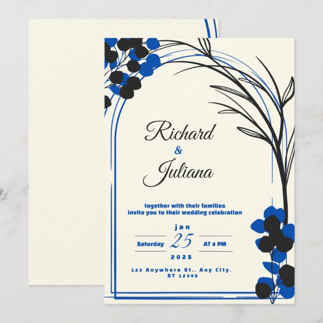 invitación blanca a la boda con flores azules (Anverso / Reverso)