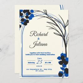 invitación blanca a la boda con flores azules
