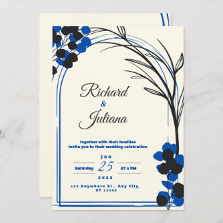 invitación blanca a la boda con flores azules
