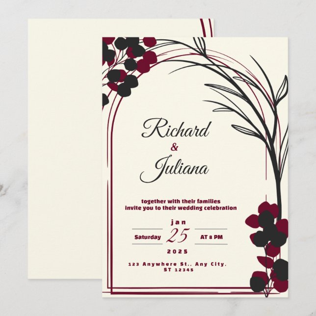 invitación blanca a la boda con flores borgoñas (Anverso / Reverso)