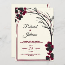 invitación blanca a la boda con flores borgoñas
