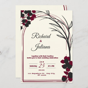 invitación blanca a la boda con flores borgoñas