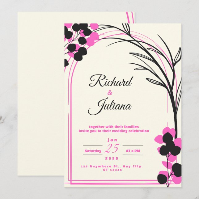 invitación blanca a la boda con flores rosadas (Anverso / Reverso)