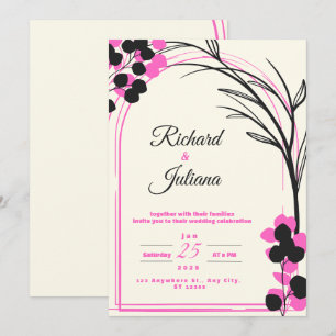 invitación blanca a la boda con flores rosadas