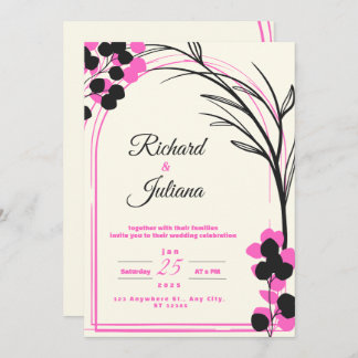 invitación blanca a la boda con flores rosadas