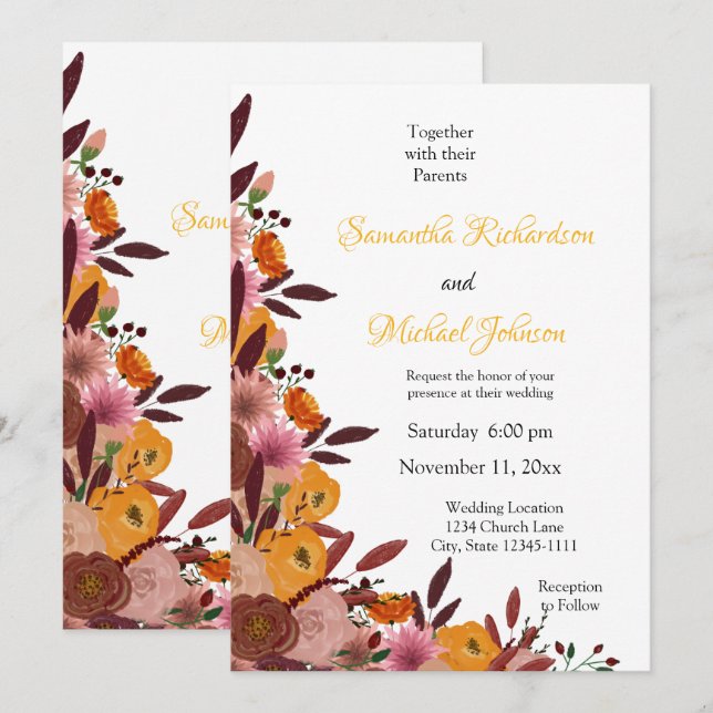 Invitación blanca Boda de flor de otoño (Anverso / Reverso)