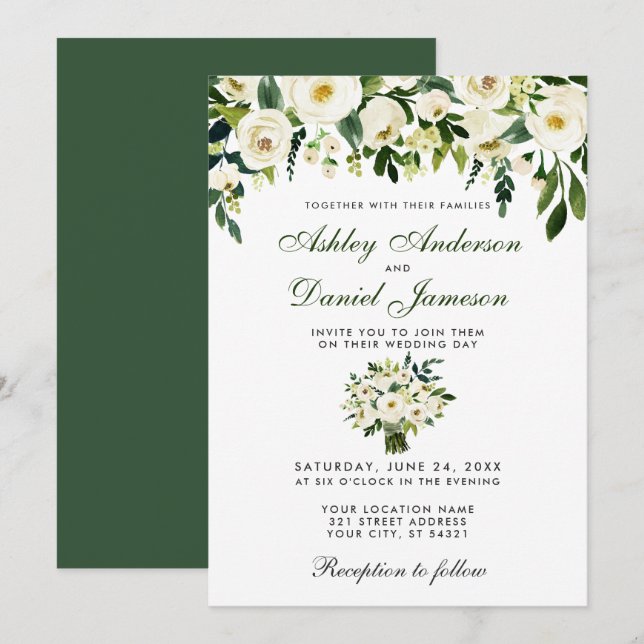 Invitación blanca color de agua boda Floral verde  (Anverso / Reverso)