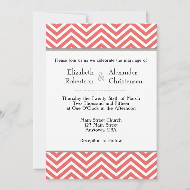 Invitación blanca coralina de la boda de Chevron (Anverso)