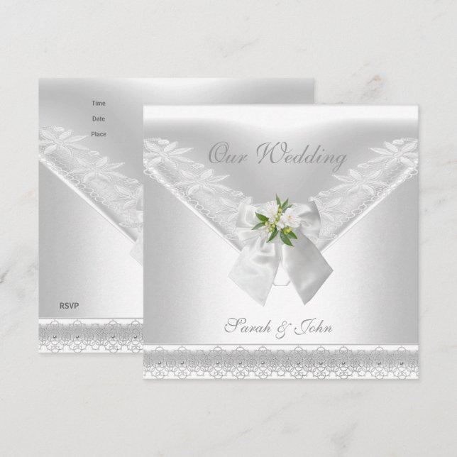 Invitación Blanca de Boda con Lazo Blanco y Encaje (Anverso / Reverso)