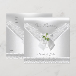 Invitación Blanca de Boda con Lazo Blanco y Encaje