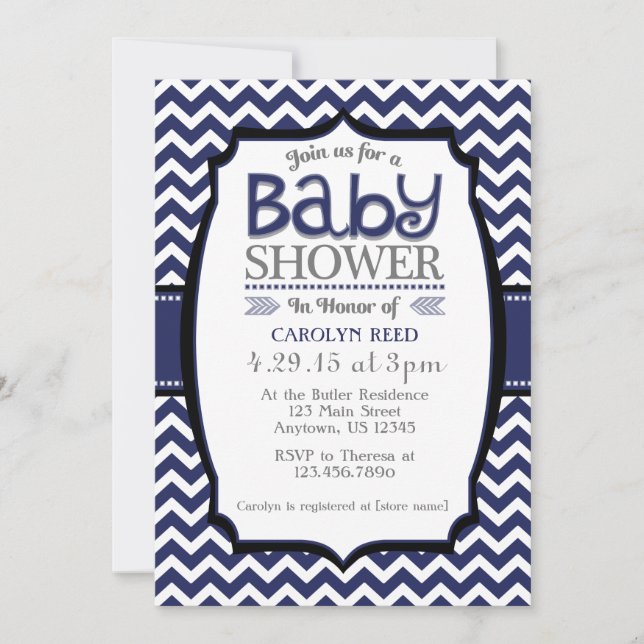 Invitación blanca de Chevron Baby Shower de los (Anverso)