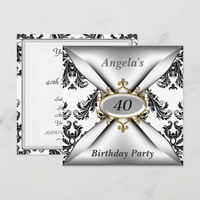 Invitación blanca de Damask White Birday Party (Anverso / Reverso)