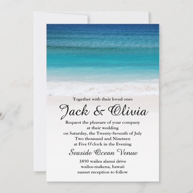 Invitación blanca de la boda de playa del océano (Anverso)