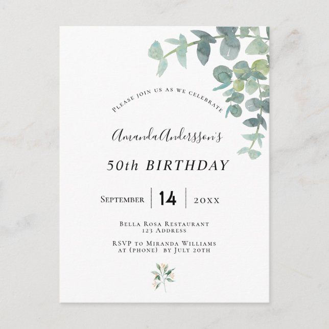 Invitación blanca de natalidad eucaluptus geenery (Anverso)
