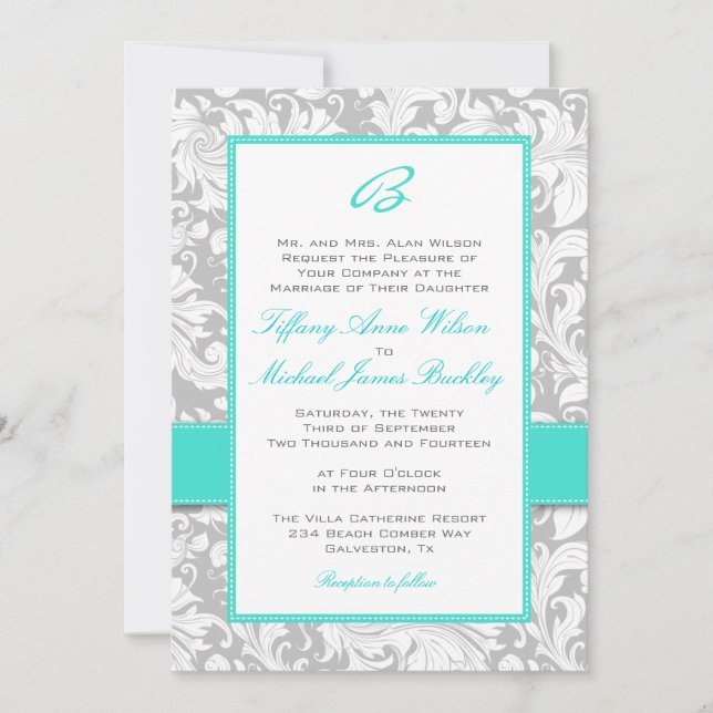 Invitación blanca de plata del boda de la turquesa (Anverso)