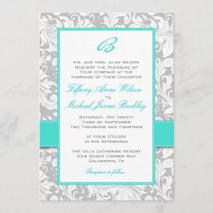 Invitación blanca de plata del boda de la turquesa