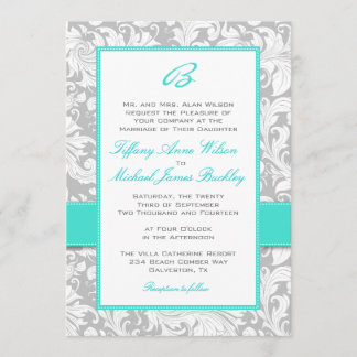 Invitación blanca de plata del boda de la turquesa