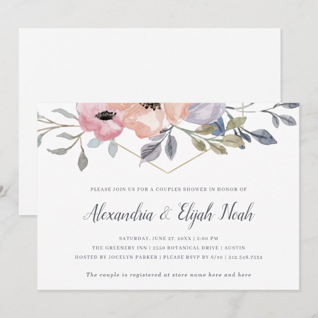 Invitación Blanca| Ducha De Parejas Florales Geométricas De R (Anverso / Reverso)