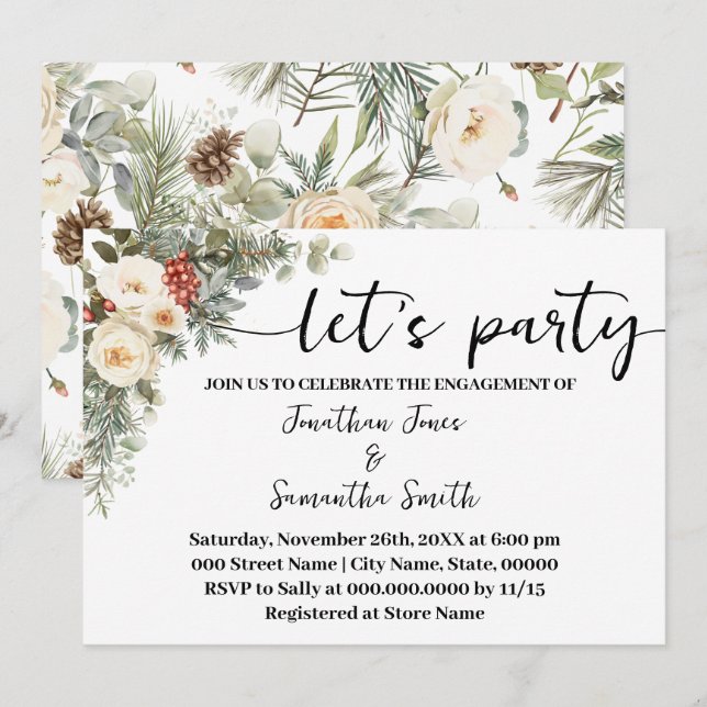 Invitación Blanca Floral de Invierno Let's Party Compromiso (Anverso / Reverso)