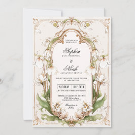 Invitación Blanca Floral Elegante Sauce Verde Arte Nouveau