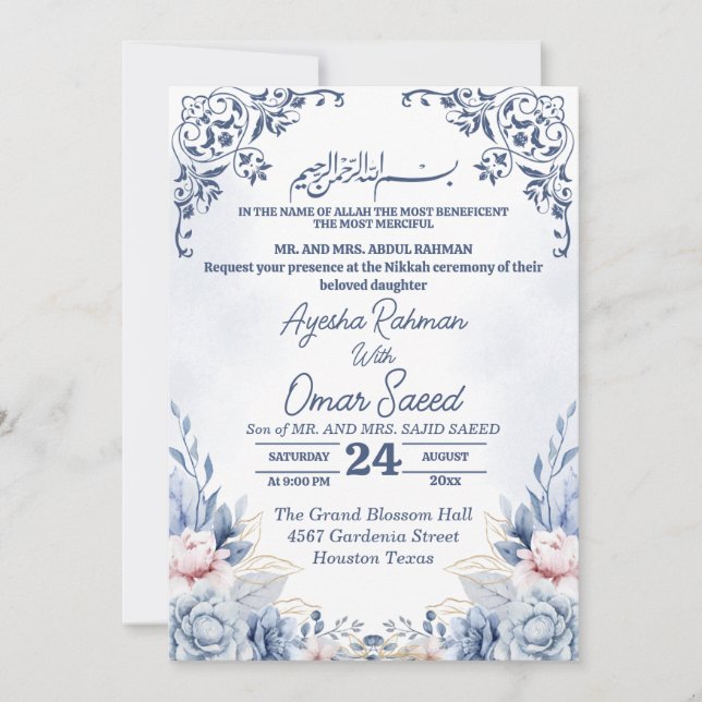 Invitación blanca floral Nikkah azul blanco (Anverso)